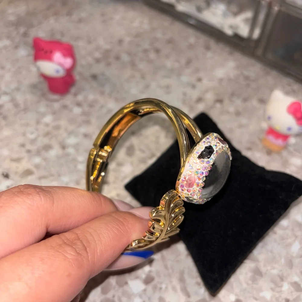 Gold Leaf Cuff Bracelet with Iridescent Gem